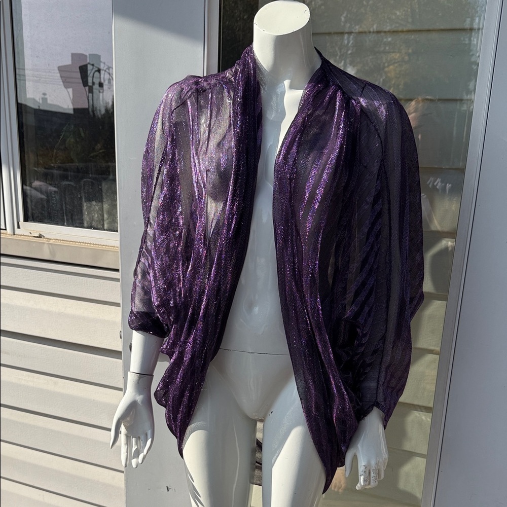 80s sheer purple and black shrug/cardigan with a metallic sheen.